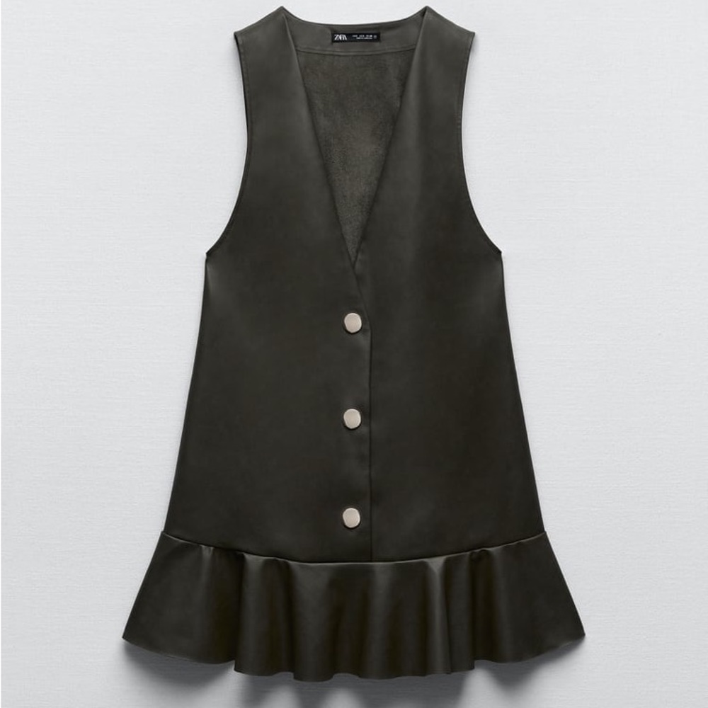 NWT ZARA RUFFLED FAUX LEATHER PINAFORE DRESS